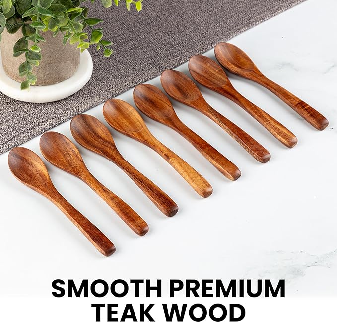 Zulay Kitchen Teak Wood Small Honey Spoons Set – 8 Piece Mini Wooden Honey - Image 4