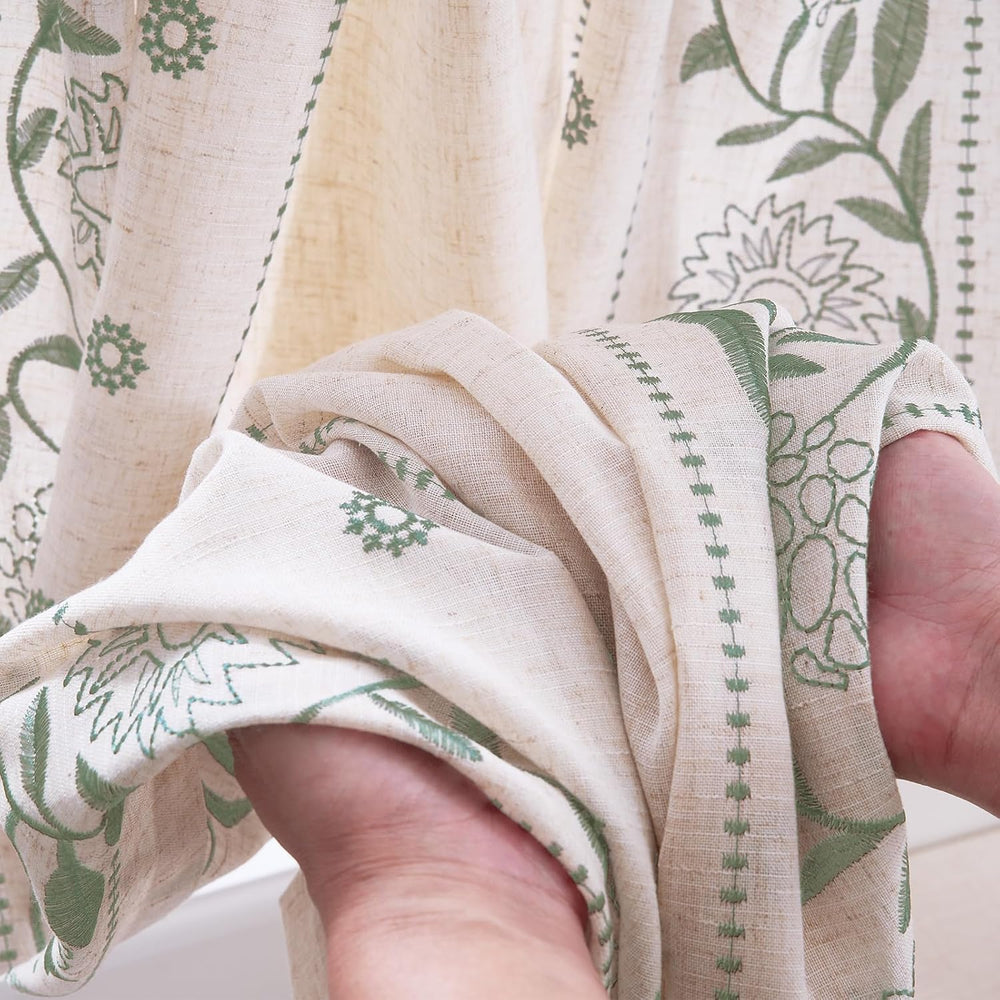 JINCHAN Green Floral Linen Kitchen Tier Curtains 45 Inch Back Tab 2 Panels