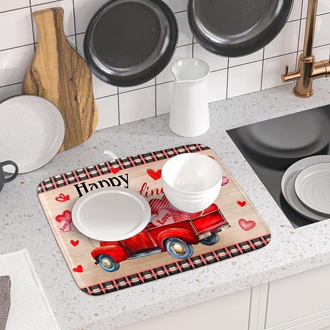 Valentine's Day Truck Dish Drying Mat 16x18 inch Love Heart Washable Absorbent - Image 6