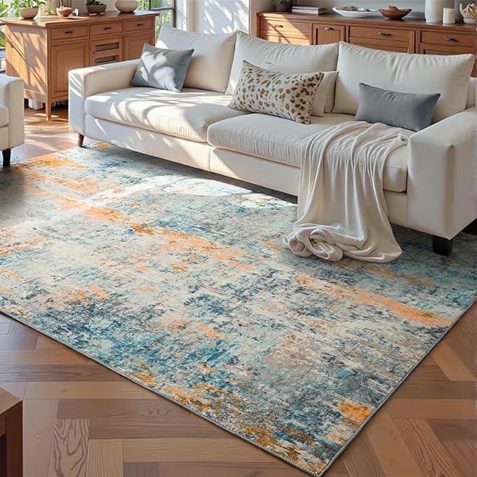 Ompaa Living Room Rug 5x7 Blue Area Rug Machine Washable Boho Rug Non Slip - Image 2