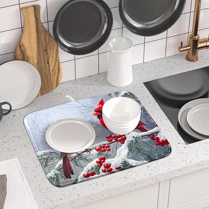 Christmas Bird Dish Drying Mat for Kitchen Counter 16 x 18 Inches Red Winter - Image 5