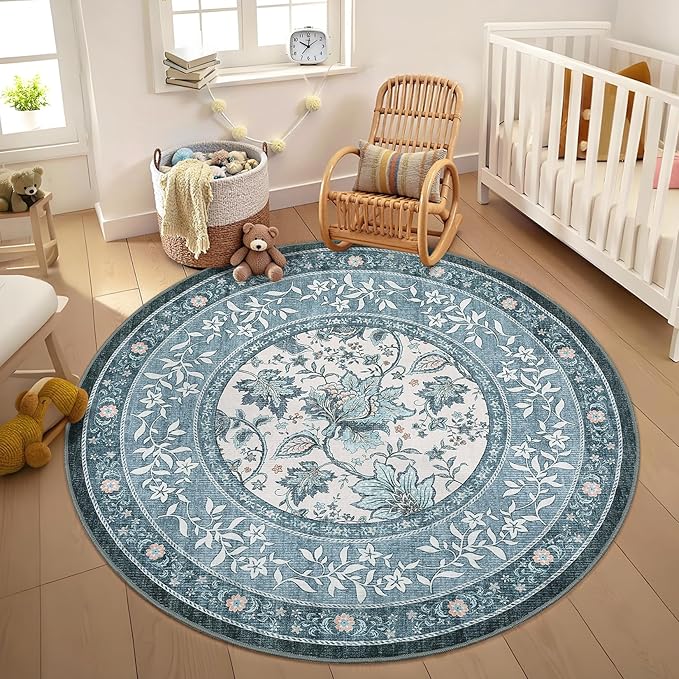 GarveeHome Misty Blue Botanical Grove 5ft Round Rug, Small Circle Vintage - Image 2