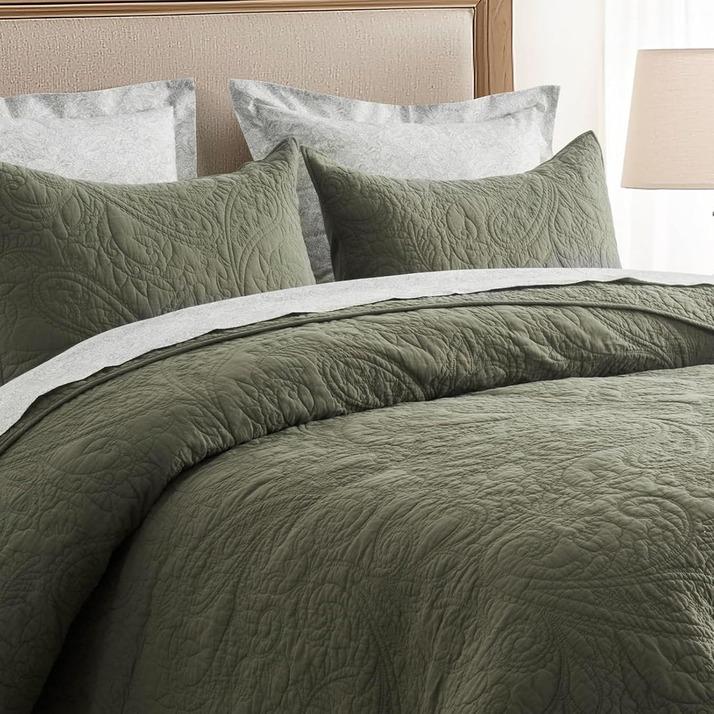 EVERGRACEHOME 100% Cotton Paisley Quilt Set, King Size, Olive Green