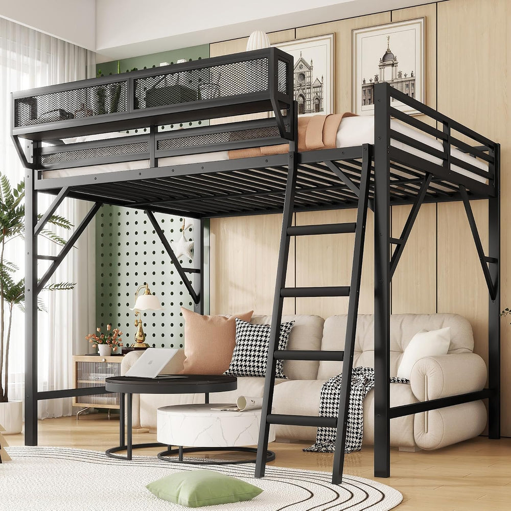 Full Size Metal Loft Bed Frame with Ladder and Built-in Storage Shelves, for ...