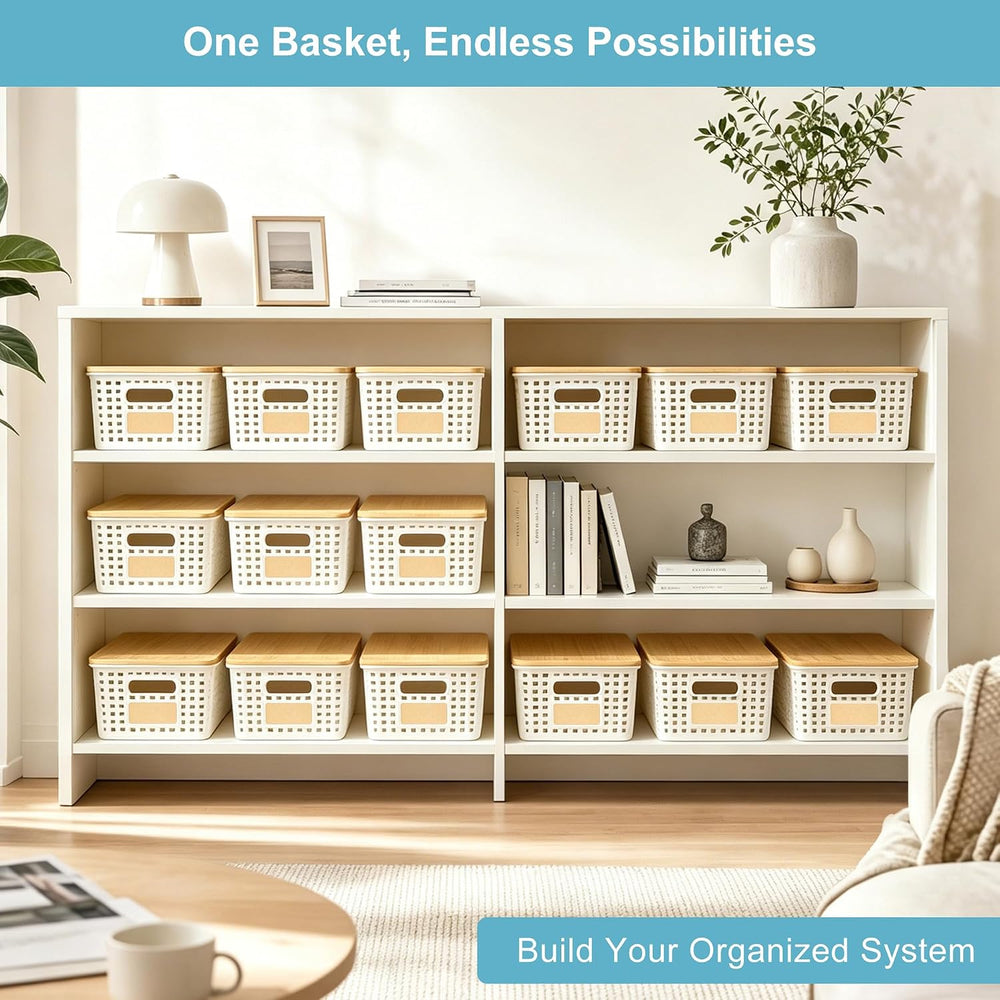 Small Plastic Storage Bins with Bamboo Lids 5.2qt Stackable Box Basket Pantry...