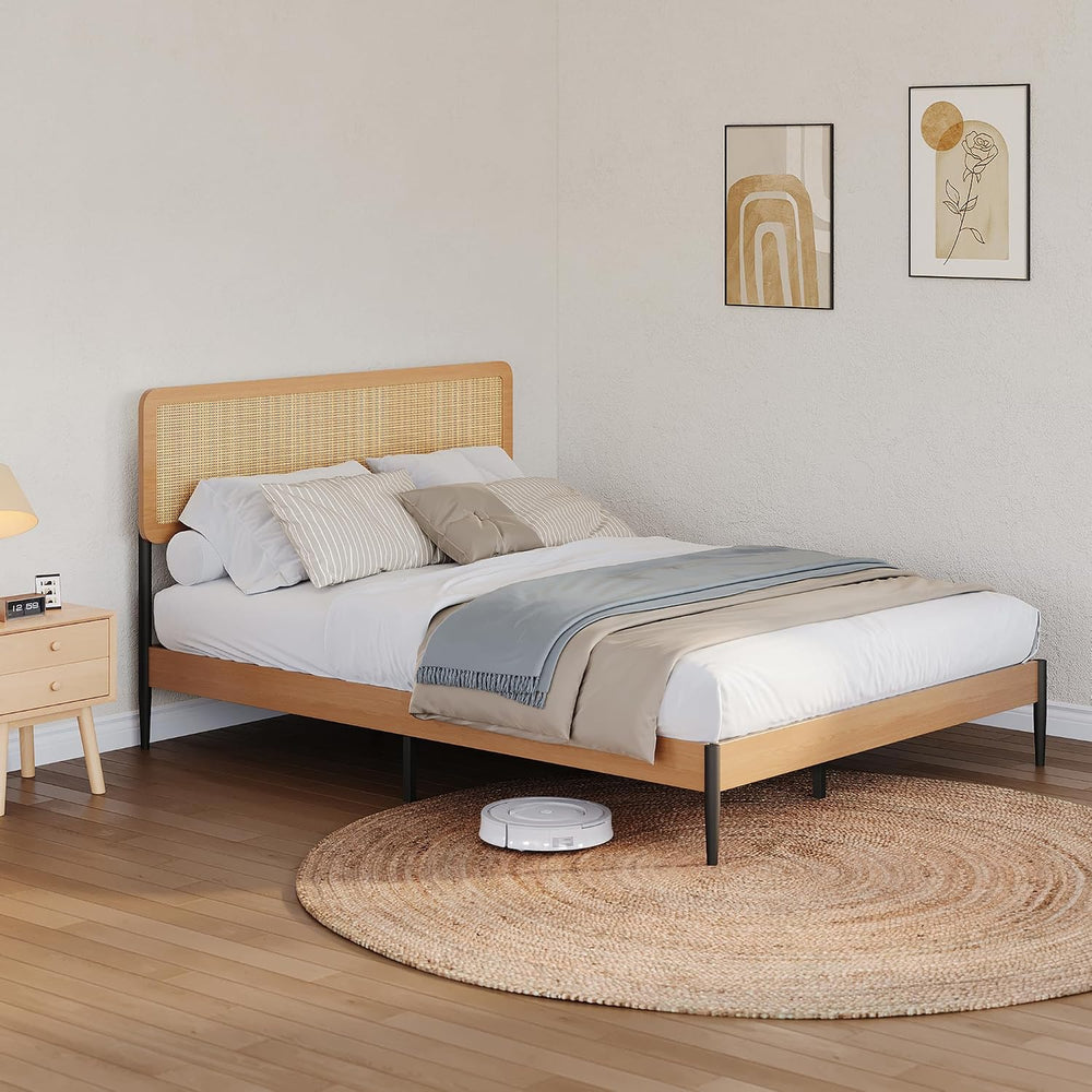 Queen Rattan Bed Frame, Woven Headboard, Wood Platform, No Box Spring