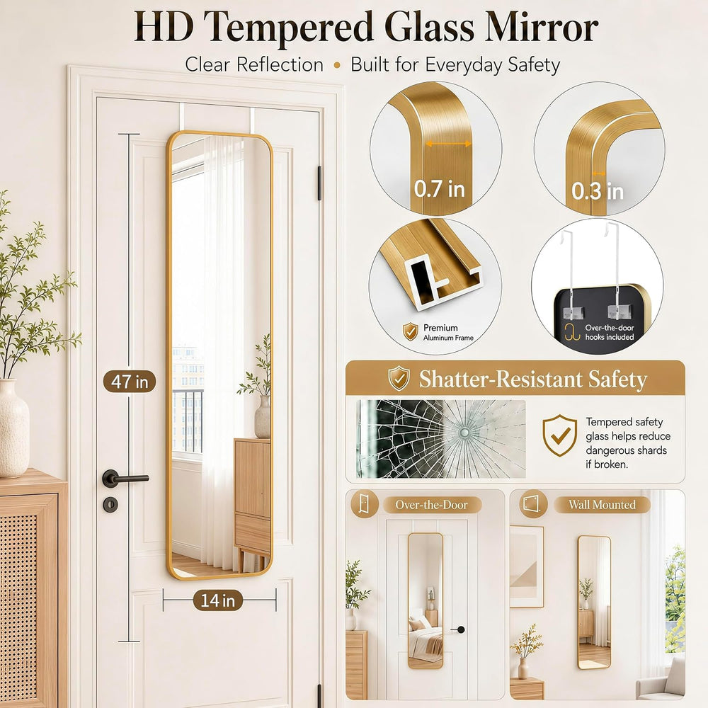 47x14" Full Length Mirror Over the Door Hang or Wall Mounted Gold