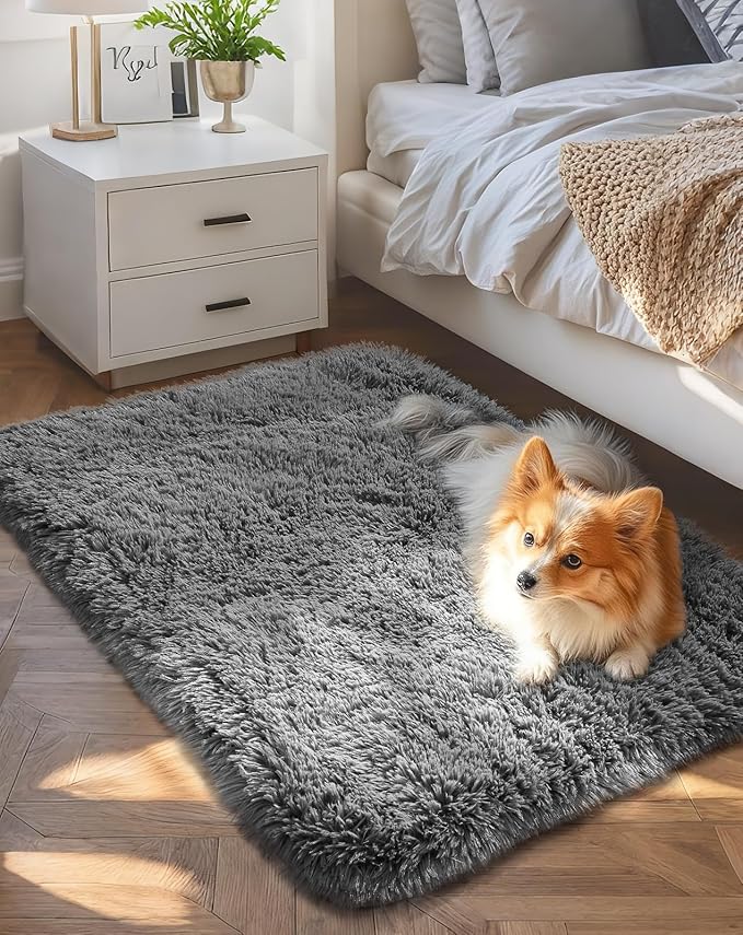 Ophanie Small Rug Upgrade Non Slip Throw Bedside Area Rugs, Fluffy Soft Grey by Ophanie