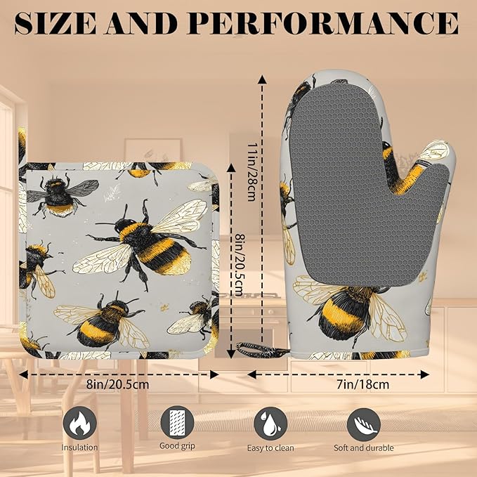 Happy Busy Bees Oven Mitts and Pot Holders Sets Non-Slip Silicone Surface - Image 3