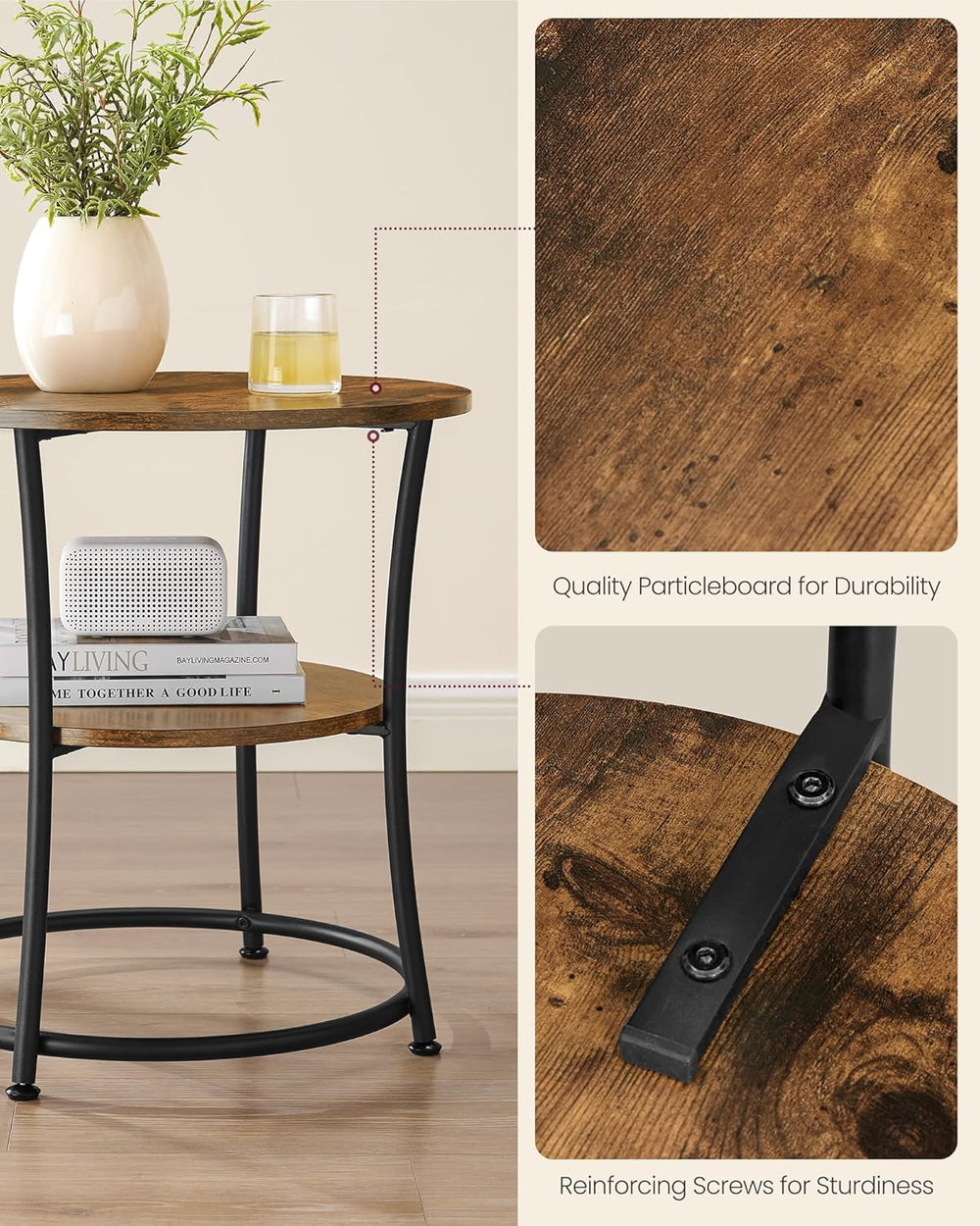 VASAGLE 21.7-Inch Round Side Table, 2-Tier End Table | Nightstand with Steel ...
