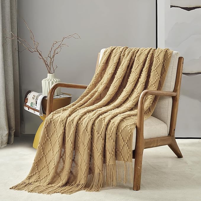 BOURINA Mustard Throw Blanket 50 x70 Inches Jacquard Argyle Throw Textured - Image 2
