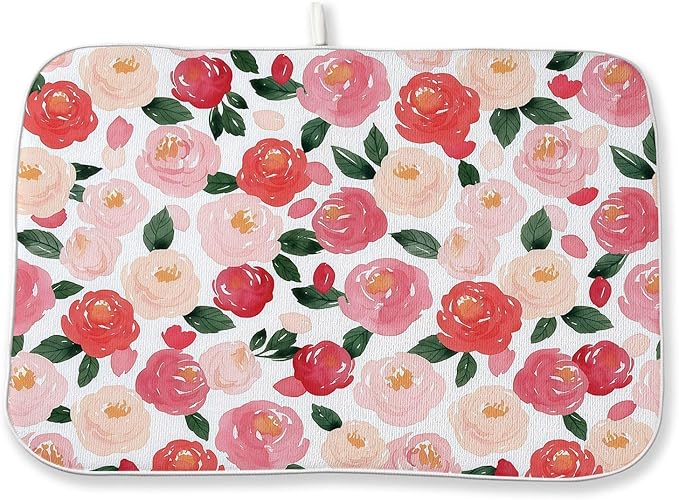 Floral Dish Drying Mat 18x24 Inch Watercolor Red Pink Flower Drying Mat Vintage by DAFENA