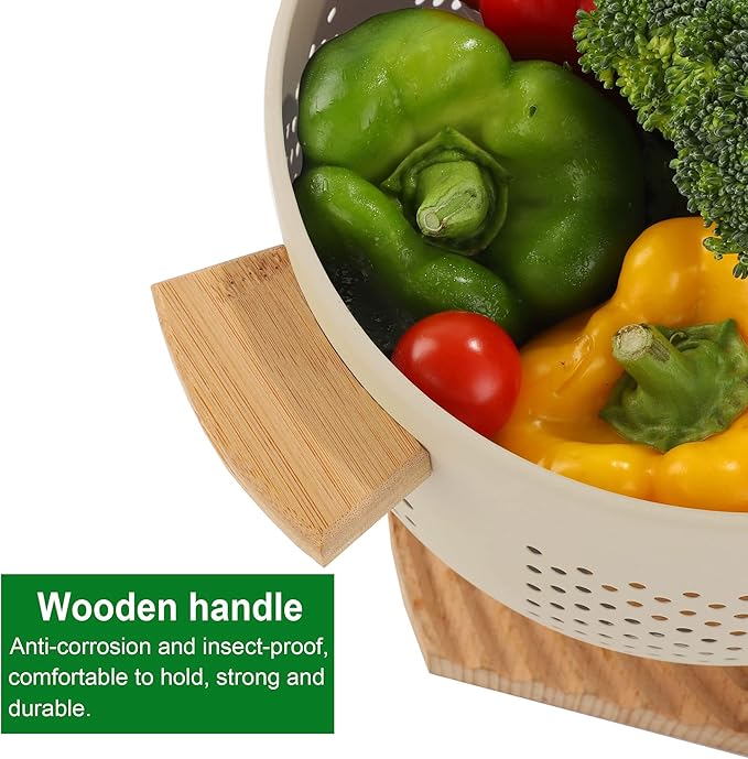 Metal Colander with Wood Handle, 5.5 Quart Powder Coated Steel Large Kitchen