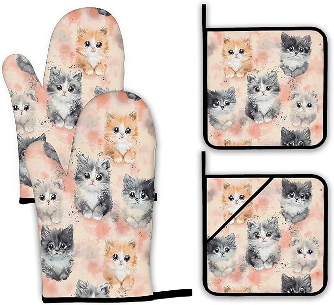 Cute Cat Oven Mitts and Pot Holders, Heat Resistant Oven Mitts Gloves and Pot by Unknown