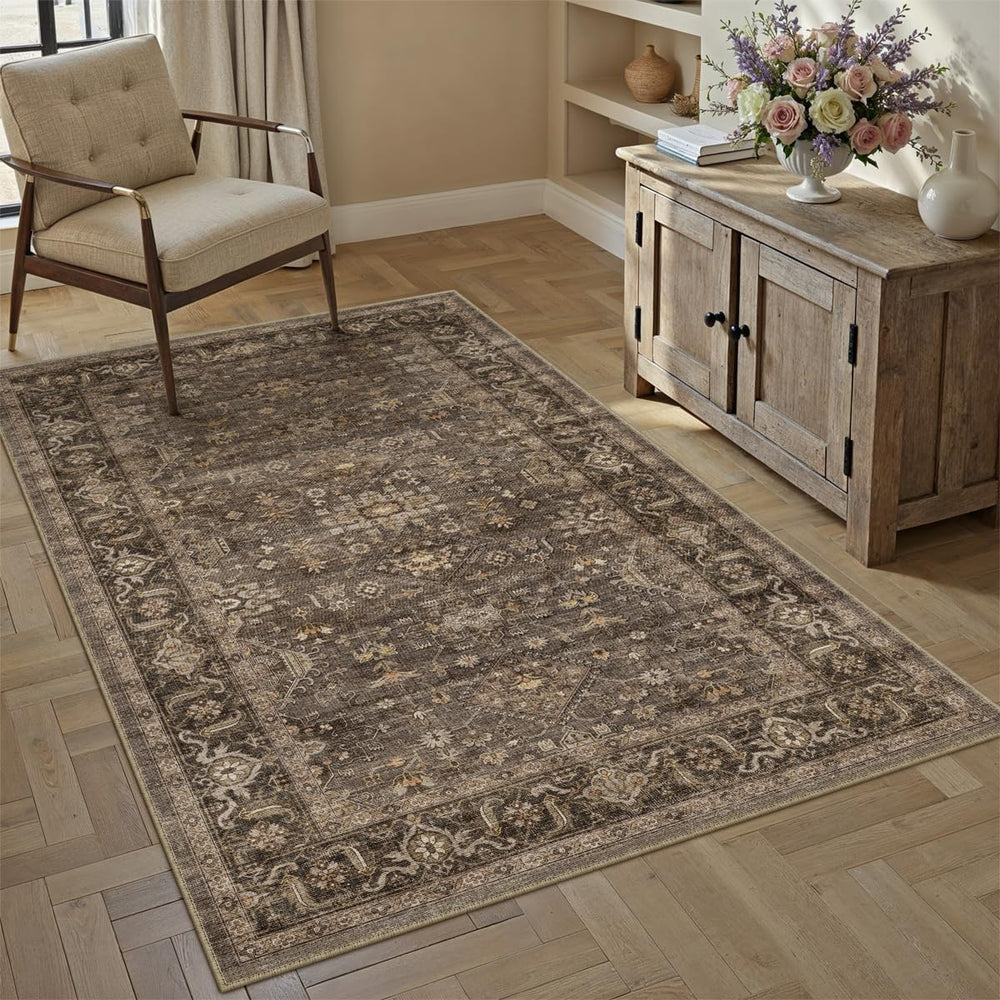 3x4 Washable Area Rug for Entryway Vintage Brown Non Slip Low Pile Carpet