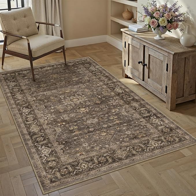 3x5 Washable Area Rug for Entryway Vintage Brown Non Slip Low Pile Carpet by WondRg