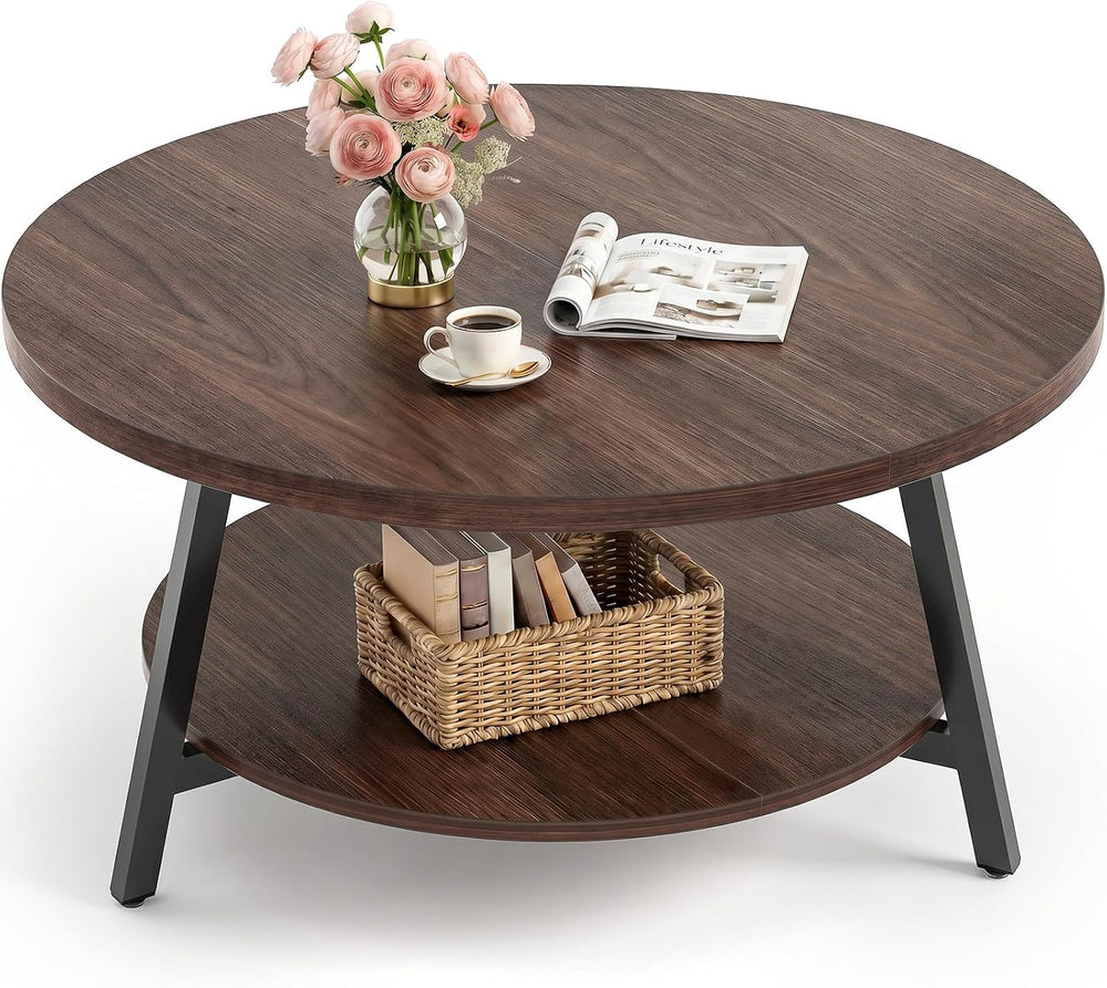 35.4" Round Wood Coffee Table with 2-Tier Storage, 1" Thick Top