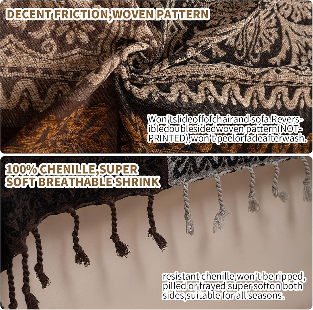 Boho Throw Blanket, Chenille Jacquard Tassels Throw Blankets for Bed Couch So...