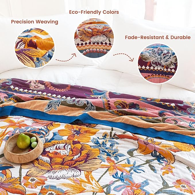 MSGKV Boho Throw Blanket 90"x90" Bed Floral 100% Cotton Blanket Spring - Image 3