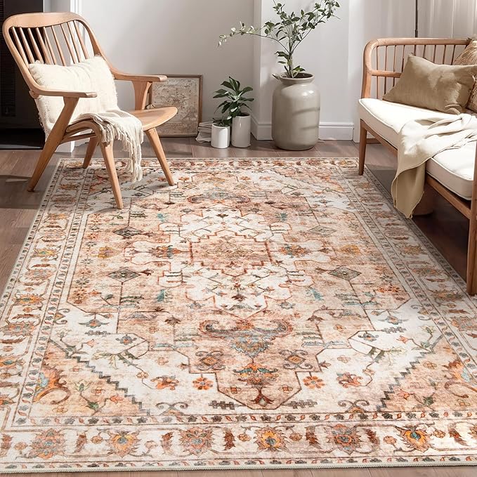 SERISSA 4x6 Boho Bedroom Rug, Washable Non Slip Vintage Peach Cream Area Rugs - Image 5