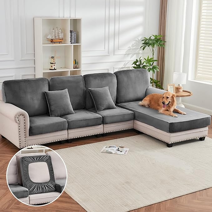 Couch Cover 3-Piece Elastic Velvet Couch Cushion Covers & Chaise Slipcovers - Image 3