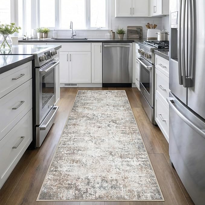2.6'x8' Runner Rug Washable Rug;Modern Abstract Soft Thin Runner Rug Brown Grey by FXRHLP