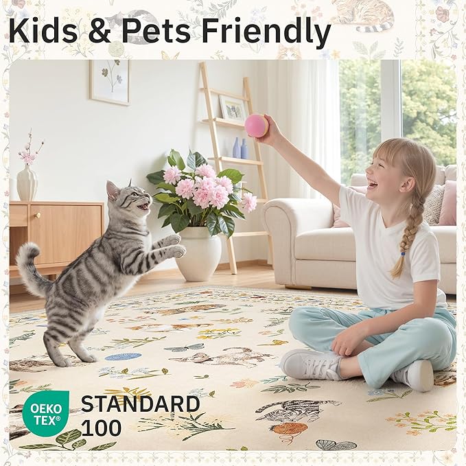 Cat 9x12 Area Rugs for Living Room, Machine Washable Animal Floral Vintage Rug - Image 5