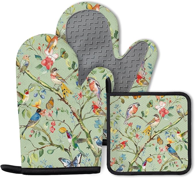Bird Oven Mitts and Pot Holders Sets 3PCS, Floral Botanical Print Silicone Oven by Unknown
