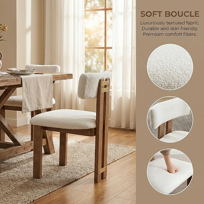 HNY Modern Farmhouse Boucle Sherpa Dining Chairs Set of 2, White Fabric Uphol...
