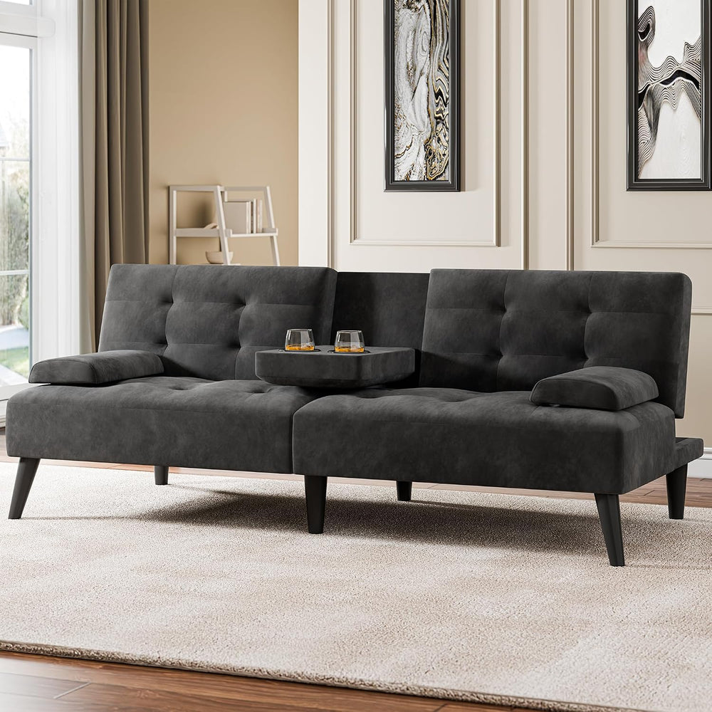64" Futon Sofa Bed, Small Loveseat, Cup Holders, Black