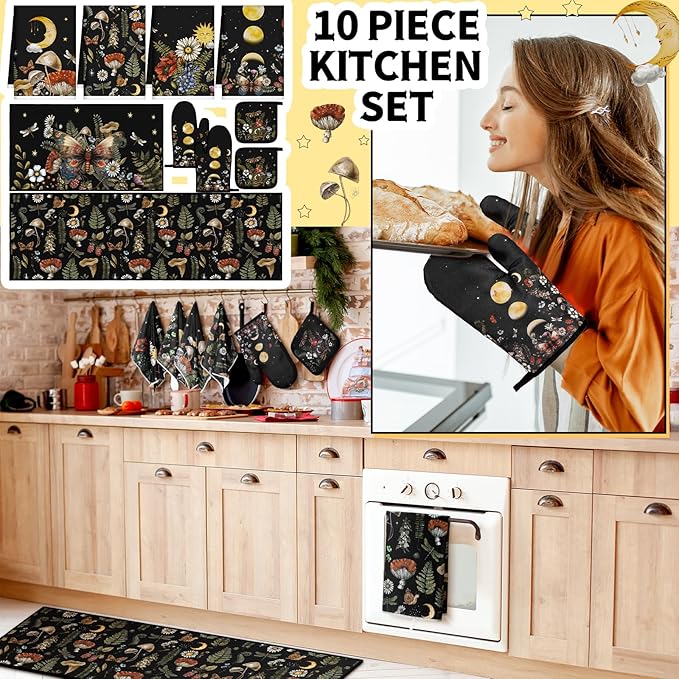 Fourluoo 10 Pcs Kitchen Dish Towels Rugs Oven Mitts and Pot Holders Set - Image 2