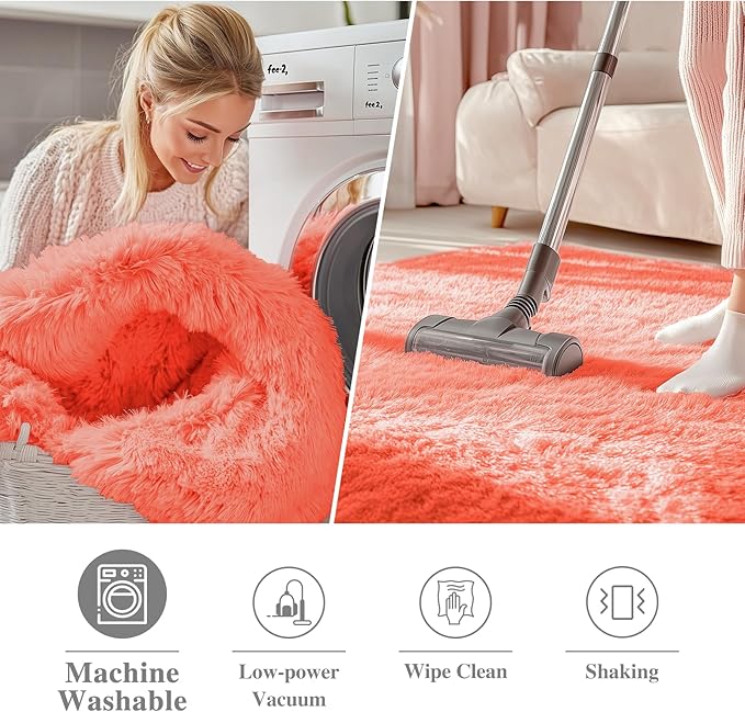OLANLY Coral Red Round Rugs for Bedroom