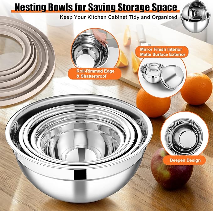 E-far Mixing Bowls Set of 5, Stainless Steel Salad Mixing Bowl - Image 4