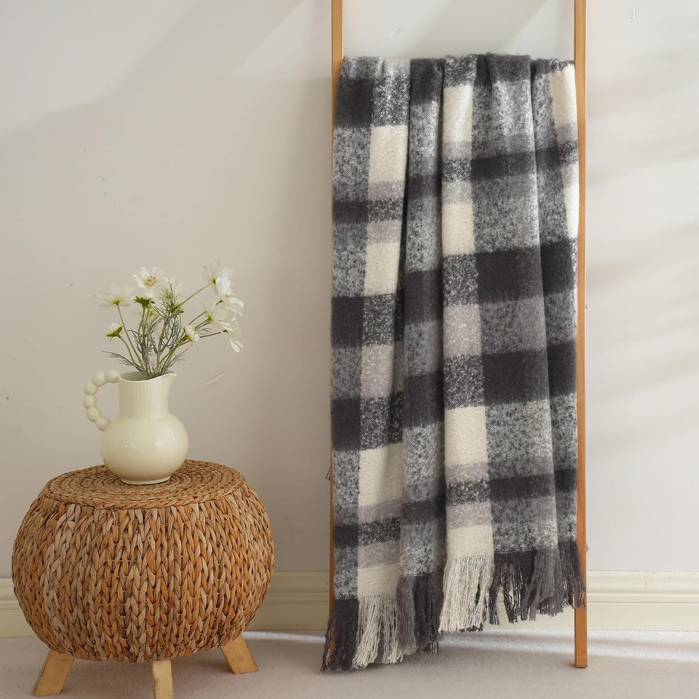 Black Grey Plaid Throw Blanket for Couch, Soft Mohair Tartan Blanket 50x60