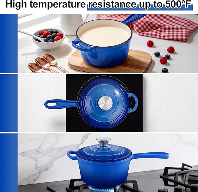 2 Pcs Enameled Sauce Pan with Lid, Leonyo 1 Qt & 2 Qt Cast Iron Saucepan Set - Image 7