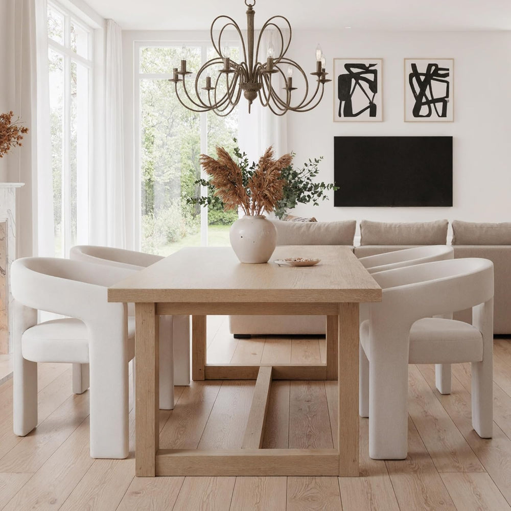 HNY Modern Linen Barrel Dining Chairs Set of 6, Ivory