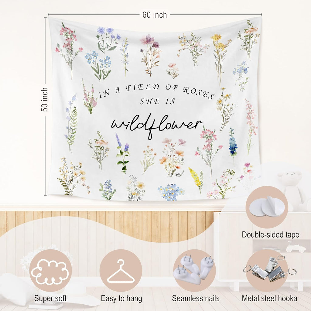 WARDOS Boho Floral Tapestry, in a Field of Roses She Is a Wildflower Tapestry Wall Hanging, Boho Wildflower Wall Blanket Decor for Baby Girls Room Toddler Nursery Bedroom, 50x60 Inch