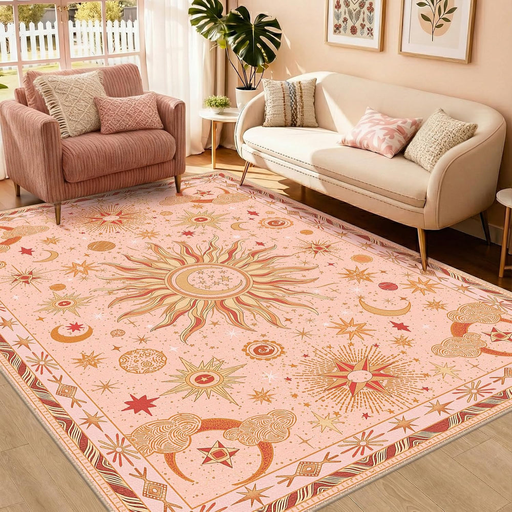 Vacuum-Friendly, 5x7 Washable Area Rug, Pink Gold Beige Red