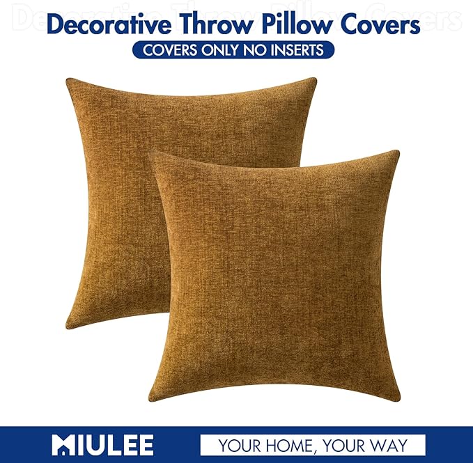 MIULEE Pack of 2 Couch Throw Pillow Covers 18x18 Inch Soft Mustard Chenille - Image 6
