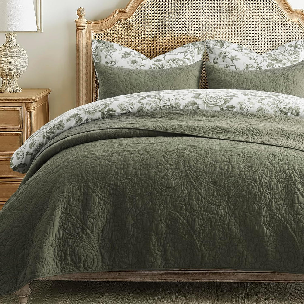 EVERGRACEHOME 100% Cotton Paisley Quilt Set, King Size, Olive Green