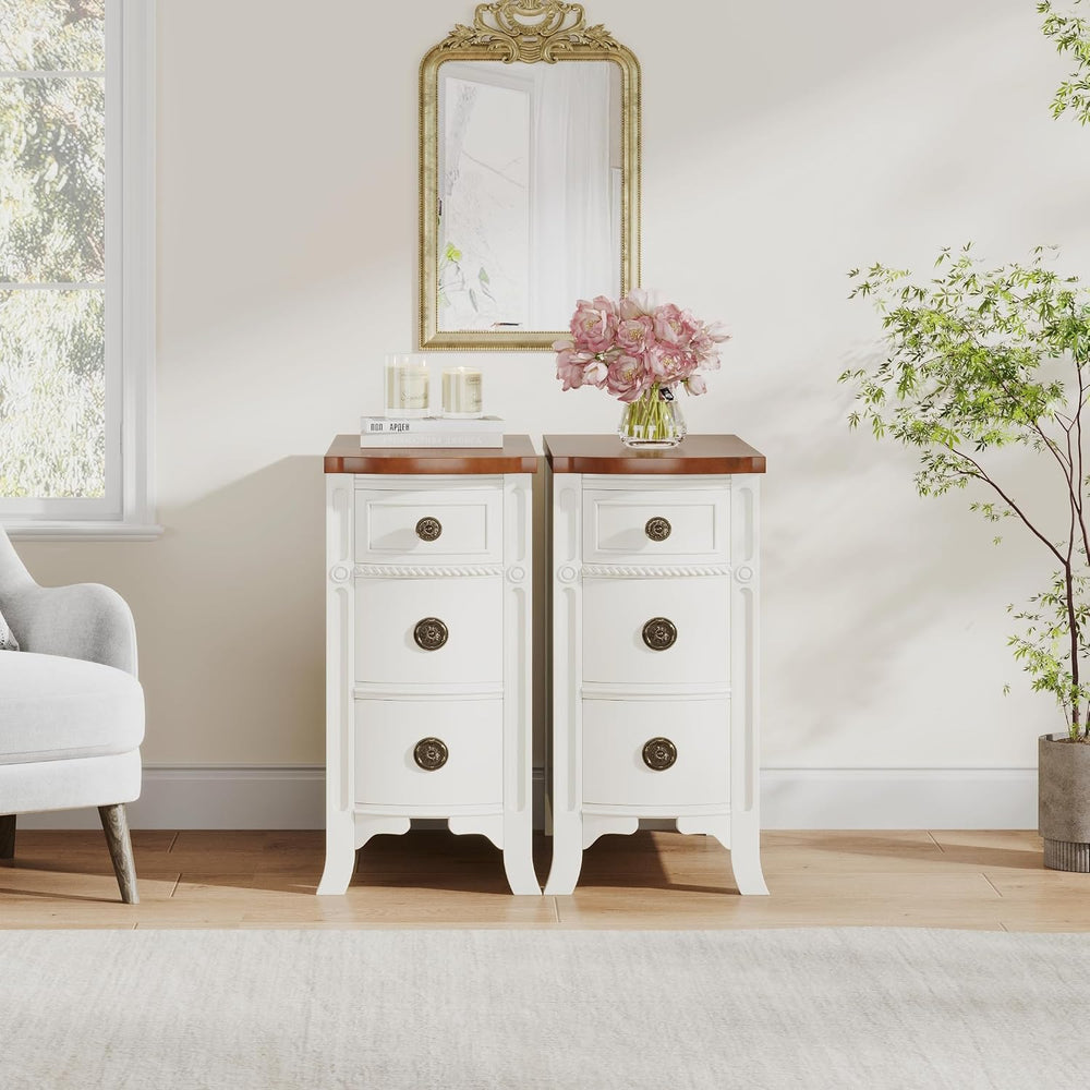 Farmhouse Solid Wood End Table, 3-Drawer Narrow Side Table Slim Chair Table f...