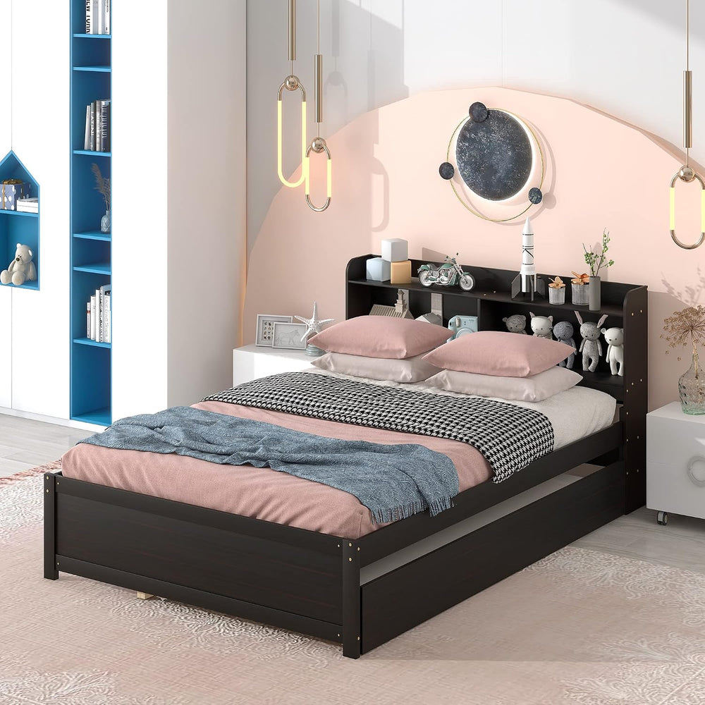 Bellemave Full Size Bed Frame with Trundle Bed and Bookcase, Espresso
