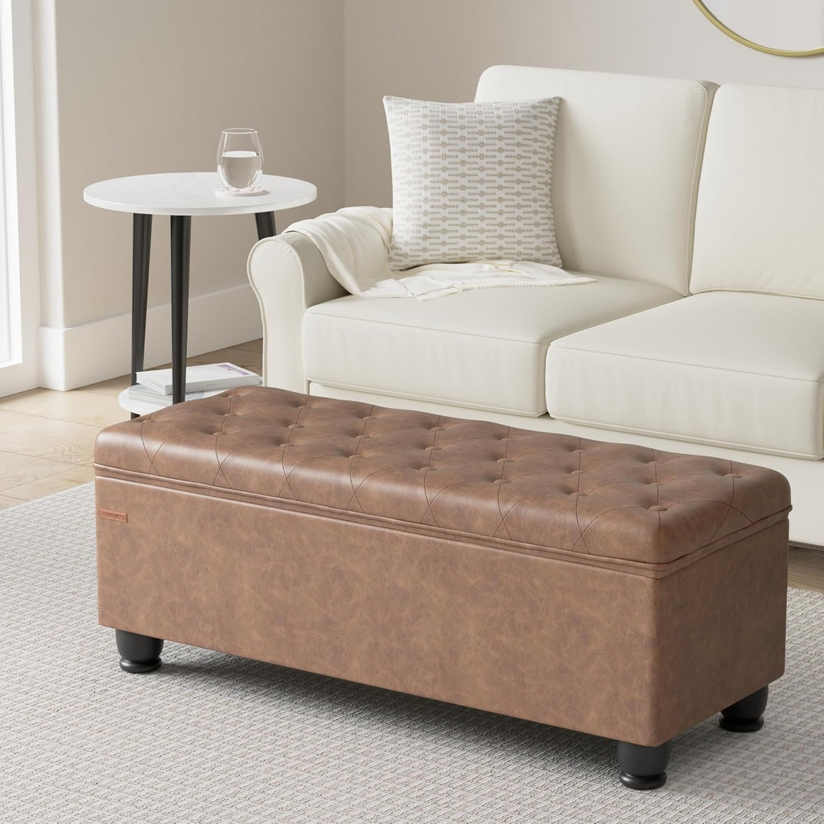 SONGMICS Storage Ottoman, 46.5 Inches Long Bed End Stool, Solid Wood Legs