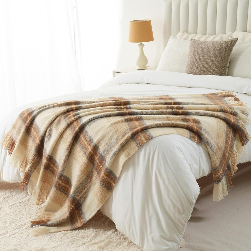 Battilo Beige Plaid Throw Blanket for Couch, Mohair Tartan Blanket 50"x6...