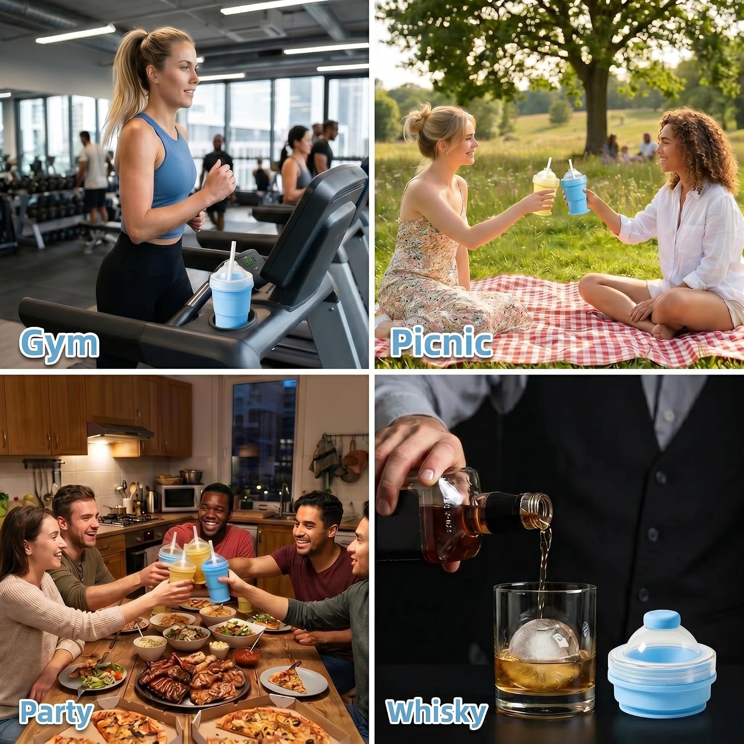 2-in-1 Collapsible Silicone Ice Ball Maker Cup, Reusable Portable Large Ice Sphere Mold with Straw & Lid, Easy to Demo, Leakproof Travel Ice Mold Cup for Coffee,Whiskey,Juice Gym Outdoor-Blue