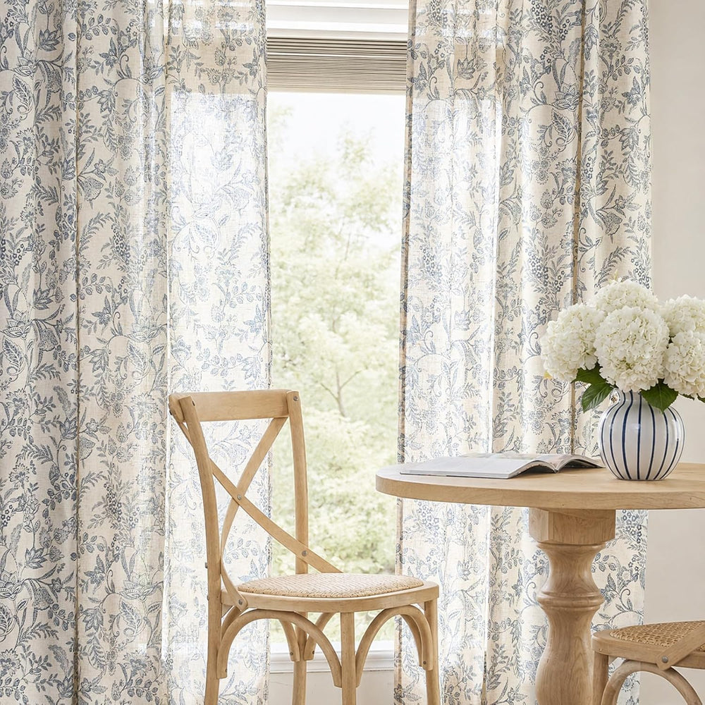 Lazzzy Blue Floral Linen Curtains Farmhouse Rod Pocket 50W X 63L 2 Panels