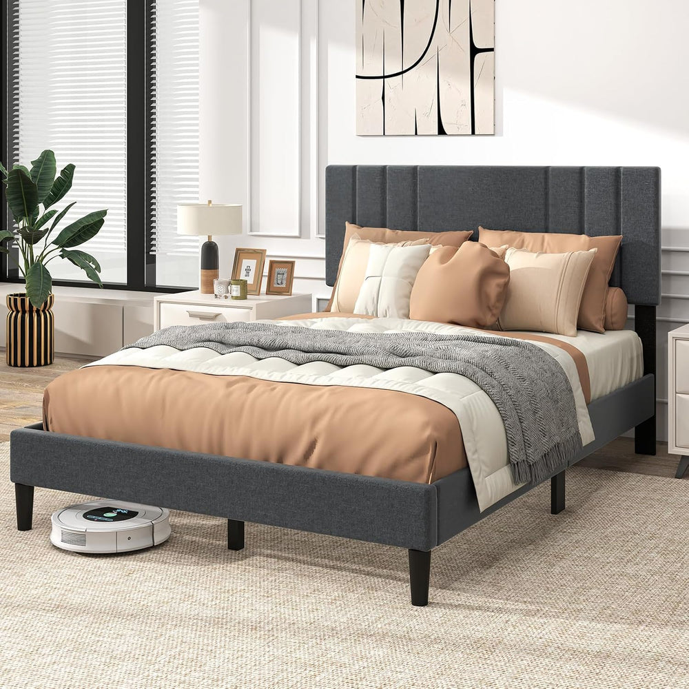 GIANTEX Full Size Platform Bed Frame, Modern Upholstered Bed Frame with Verti...