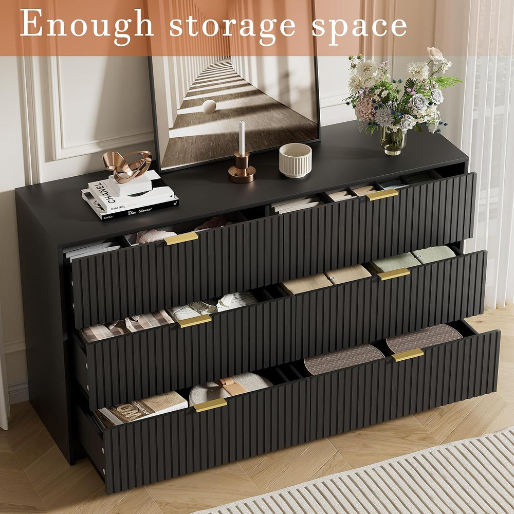 55.1" Wide Black Dresser for Bedroom, Fluted 6 Drawer Dresser