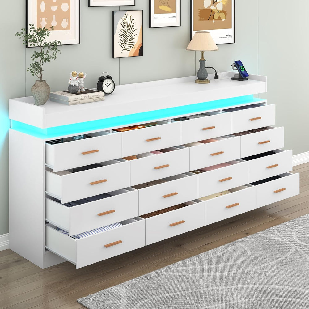 16 Drawer Dresser with LED Light and Charging Station, Modern Chest of Drawer...