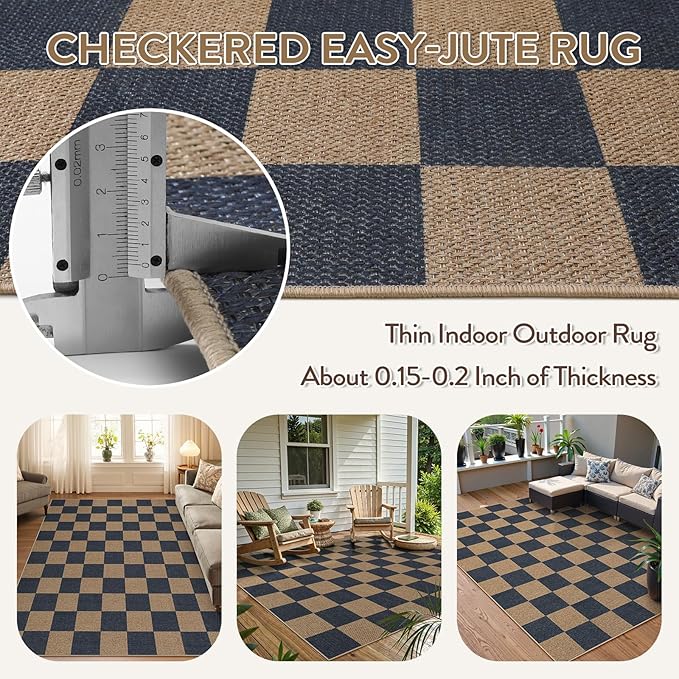 Lahome Colette Checkered Easy Jute Living Room Rugs, 5x7 Dining Room Office Rug - Image 3